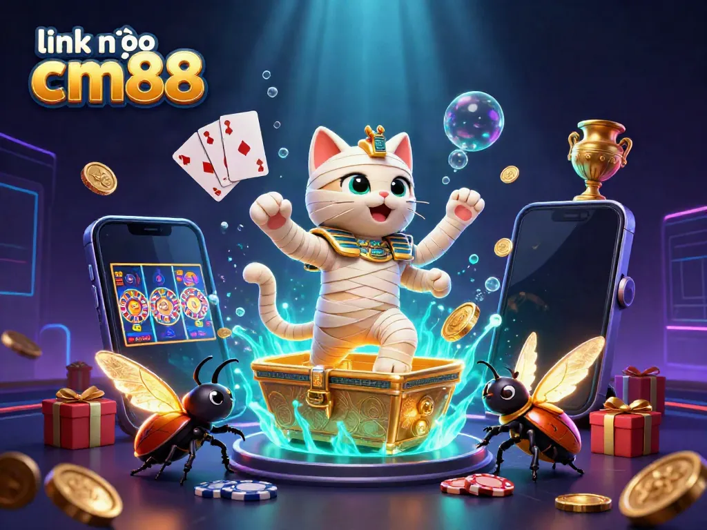 Experience exciting gaming adventures with link vào cm88 while a mummy cat bursts from a golden sarcophagus.
