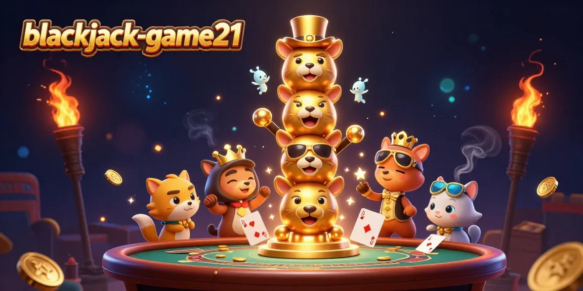 Engage in blackjack-game21 with vibrant casino elements and 3D totem characters.