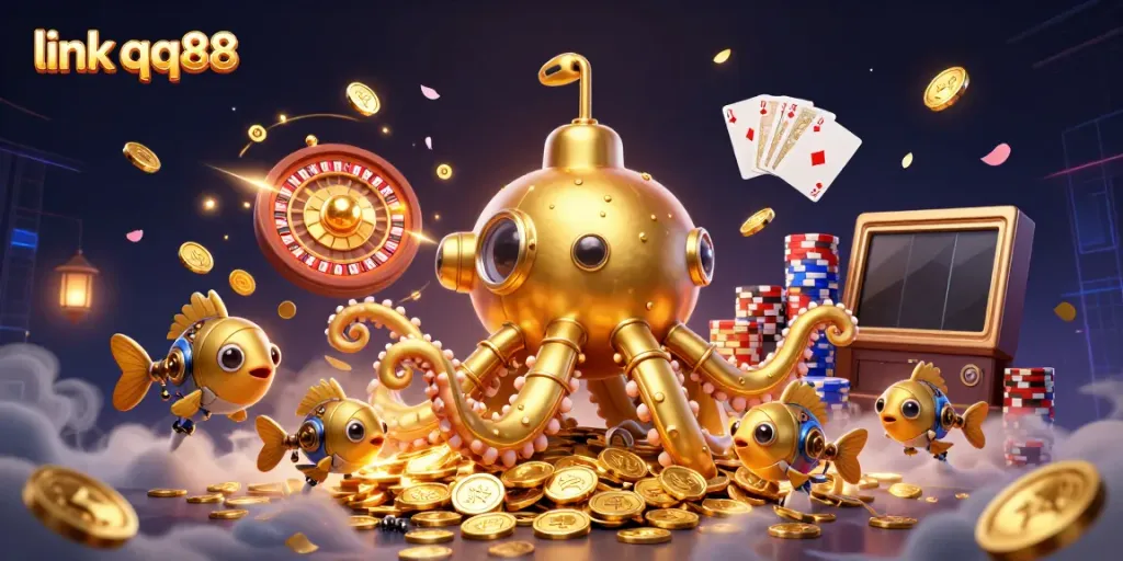 Experience thrilling gameplay with 'link qq88' surrounded by vibrant casino elements and golden treasures.
