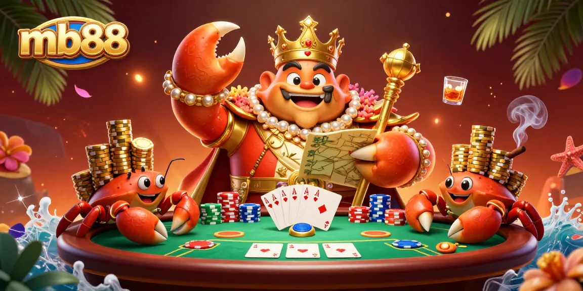 Experience the excitement of mb88 as you play poker with a cartoon crab emperor and golden chips.