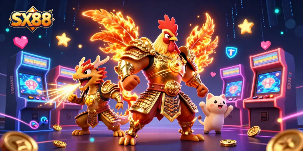 SX88's fighting rooster champion showcasing thrilling gameplay amidst arcade elements and vivid energy.