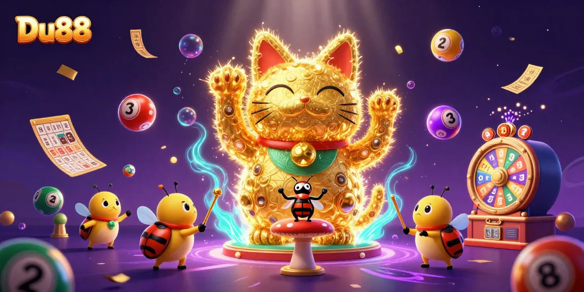 Experience thrilling gameplay with Du88, featuring a lucky cat and vibrant casino symbols.
