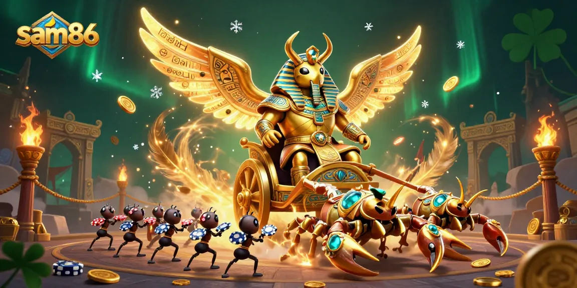 Experience the thrilling sam86 adventures with a colossal scarab beetle in opulent pharaoh armor amidst iconic casino elements.