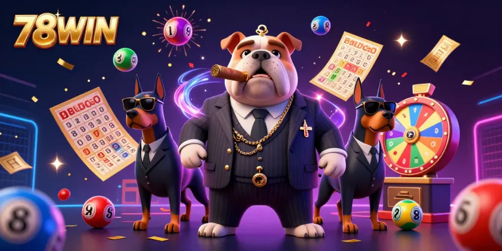 Engaging 3D casino illustration featuring 78WIN's mafia boss bulldog with vibrant game elements