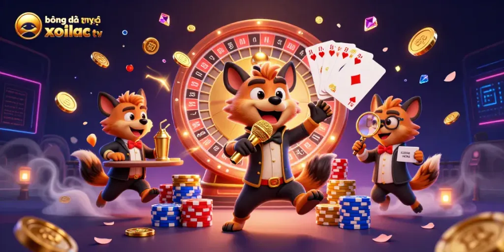 Experience bóng đá trực tuyến xoilac tv in a lively casino scene with hyenas, coins, and dynamic game elements.