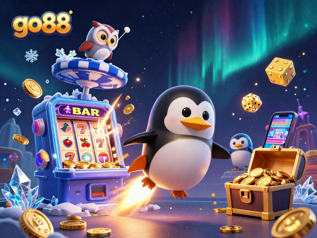 Experience the excitement of go88 with a golden penguin racing towards a jackpot explosion in this vibrant casino scene.