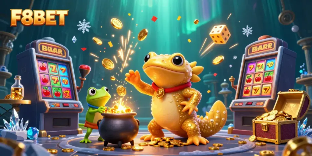 Experience thrilling wins with F8BET in a vibrant 3D casino scene filled with gold and excitement.