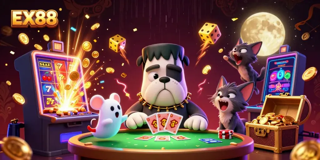 Experience thrilling gaming action at EX88 with a cartoon bulldog monster dealing cards at a lively casino table.