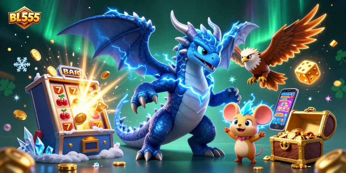 BL555 showcases an electrifying dragon, hawk, and mouse amid a spectacular casino game scene.