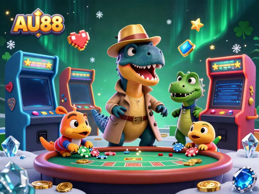 Experience the thrill of AU88 with a playful velociraptor at a blackjack table, animated in a vibrant casino scene.