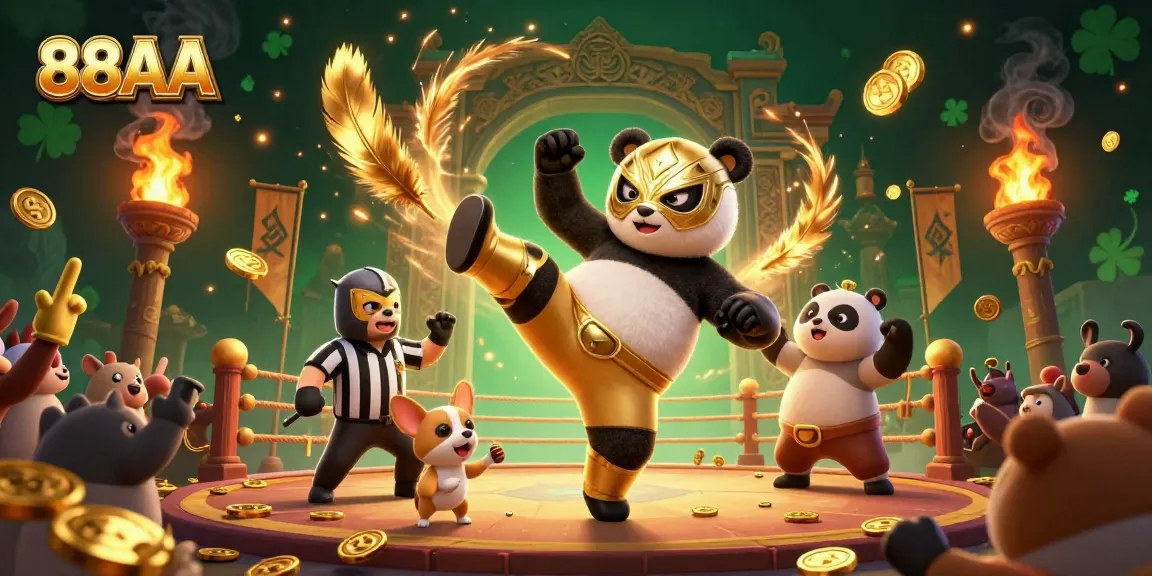 Bet on 88AA: A vibrant scene of a flying panda wrestler and cheering animal fans at a lively betting arena.
