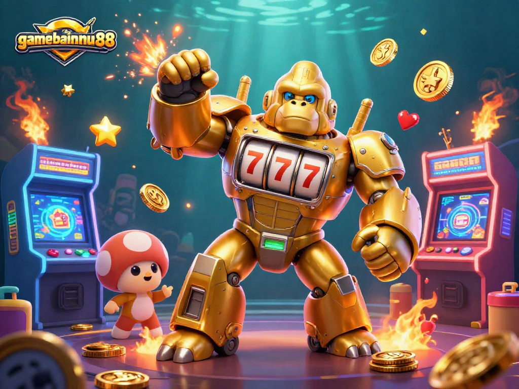 Experience gamebainohu88 with a golden gorilla mech surrounded by colorful casino elements.