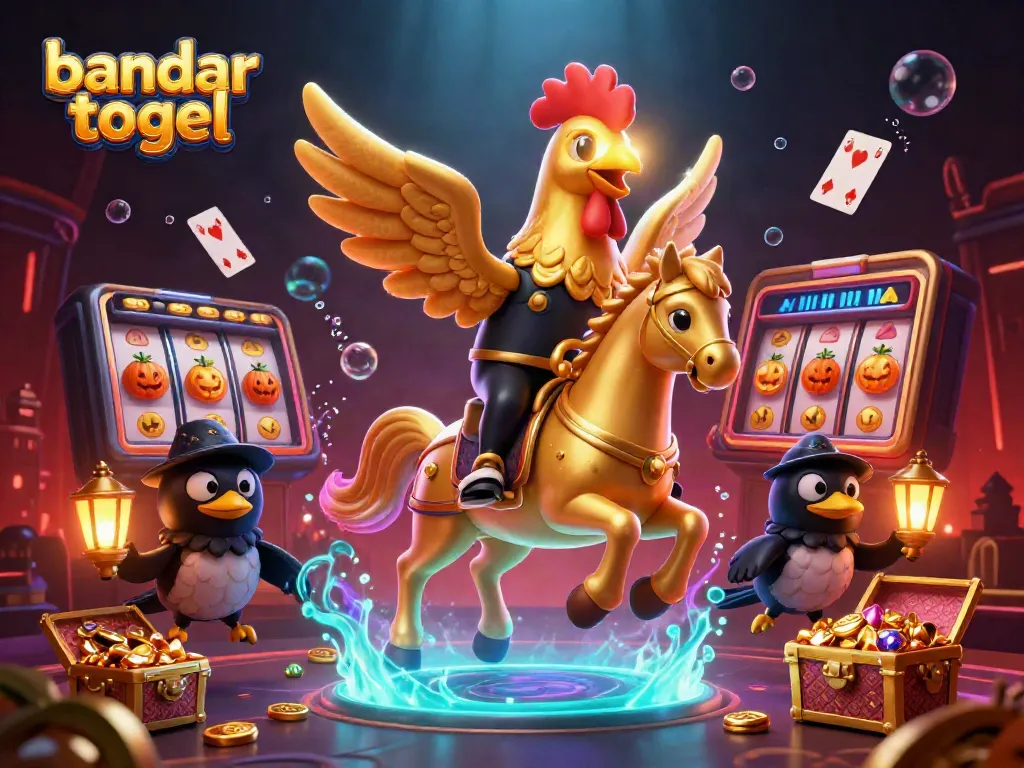 Engage in thrilling bandar togel with golden rooster characters in a vibrant casino scene.