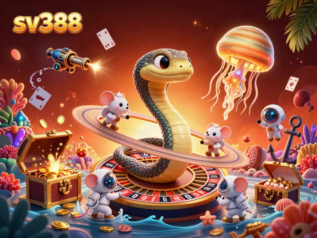 Engaging space-themed sv388 casino illustration with characters and game elements.