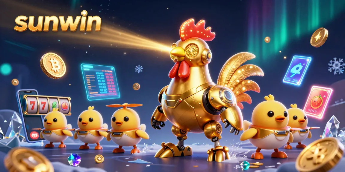 Engage with sunwin casino gaming featuring a retro-futuristic rooster robot amidst vibrant crypto symbols.
