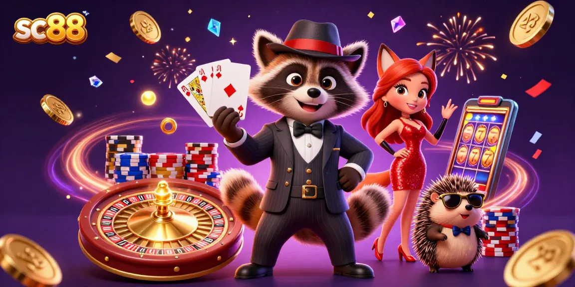 Experience thrilling wins with sc88 as raccoon, fox, and hedgehog celebrate in a vibrant casino scene.