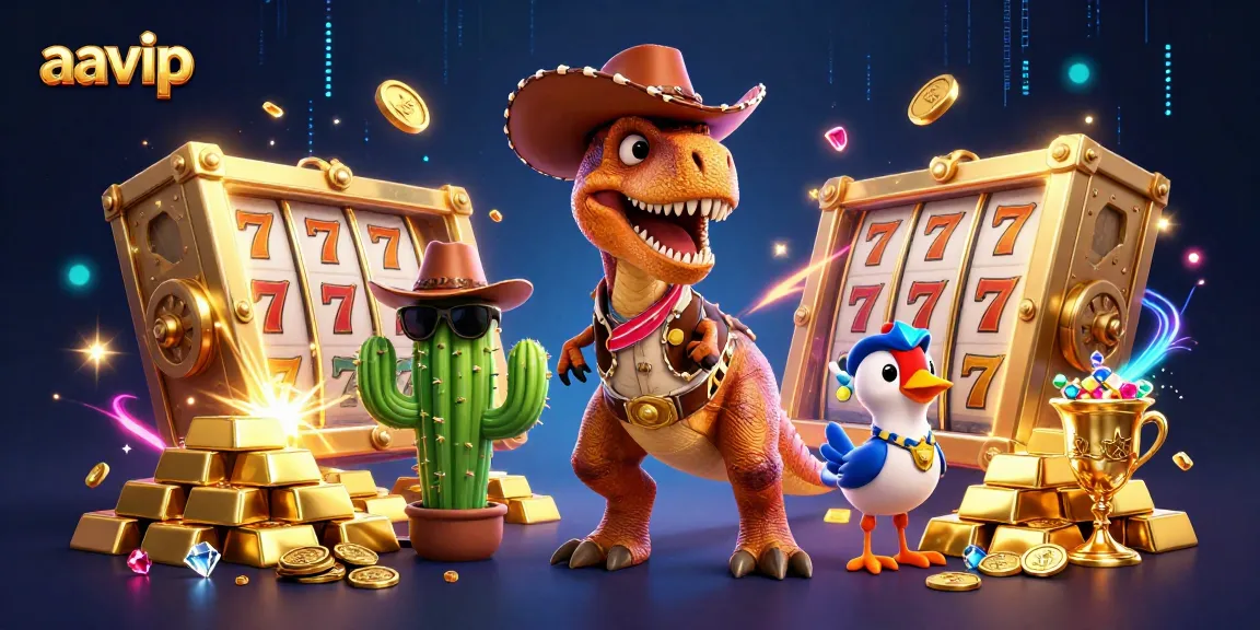 Engage with aavip's colorful casino adventure featuring a T-Rex, cactus, and roadrunner amidst vibrant slot reels.