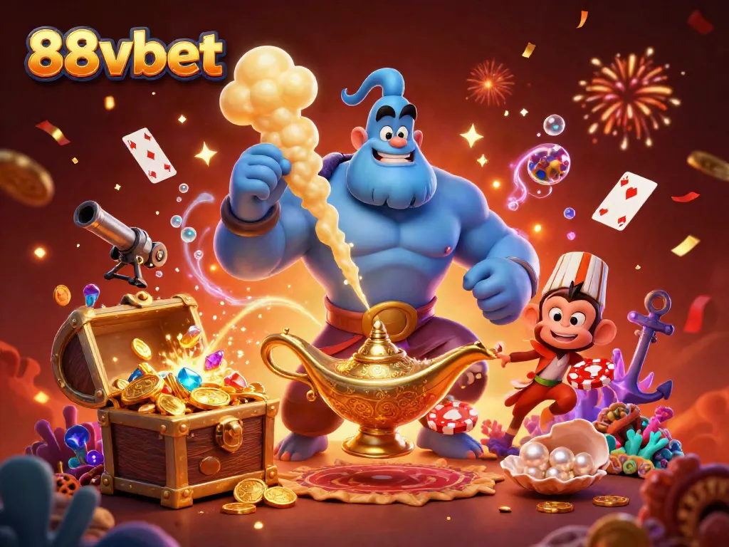 Engaging 88vbet scene with a powerful genie and vibrant casino elements, featuring poker chips and gold coins.