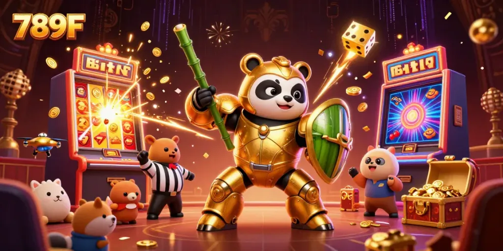 Experience the excitement of 789F with a vibrant 3D casino scene featuring a golden panda in a mech suit