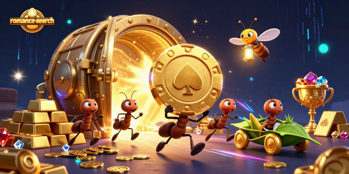 Experience the thrill of romance-search as ants execute a heist with poker chips amidst treasures and glimmering lights.
