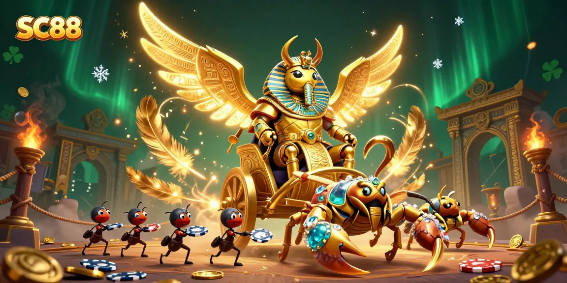 Experience SC88 excitement with a colossal scarab beetle chariot amidst a rich casino scene