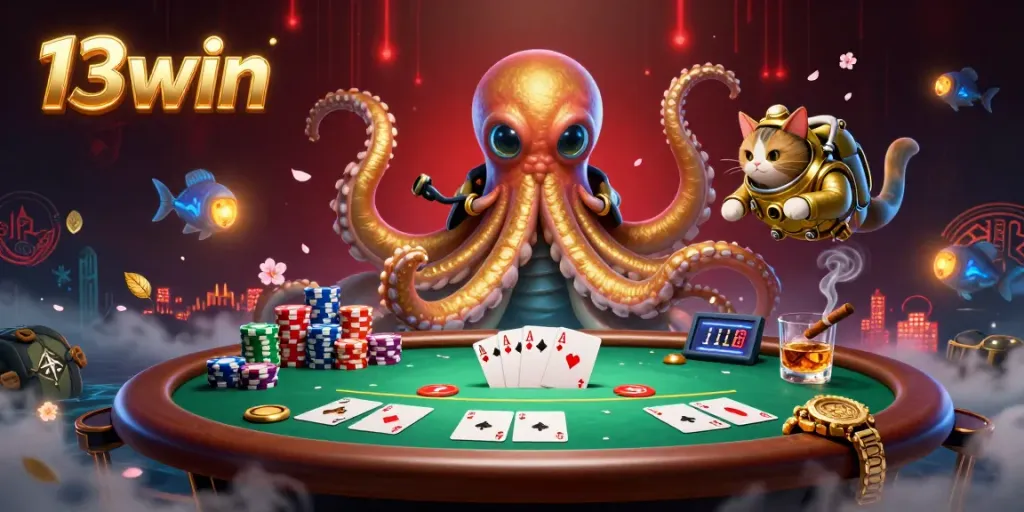 Engage with thrilling poker action featuring 13win’s kraken and diving cat in an exciting casino setting.