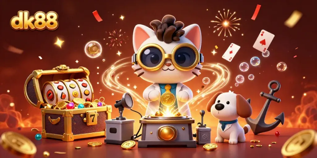 Play slots at dk88, featuring a mad scientist cat and dog celebrating with gold coins.