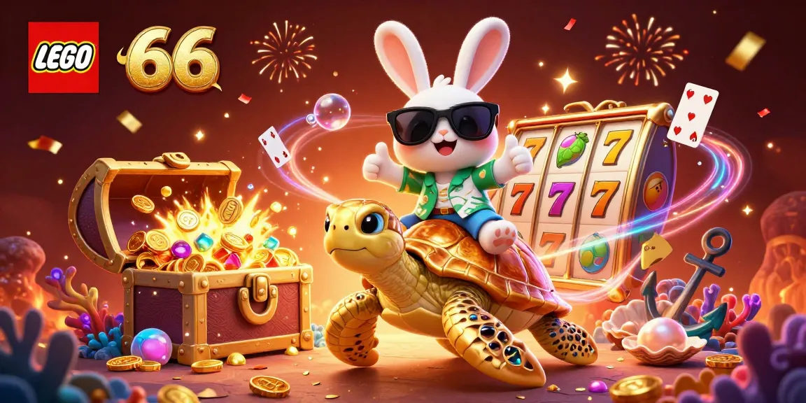 Lego66 features a thrilling scene with a lucky rabbit and golden sea turtle amidst vibrant slot elements and confetti.