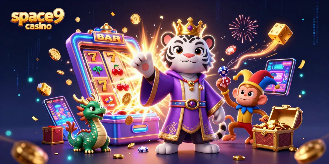 Experience the excitement at space9 casino with a vibrant scene of gaming elements and playful characters.