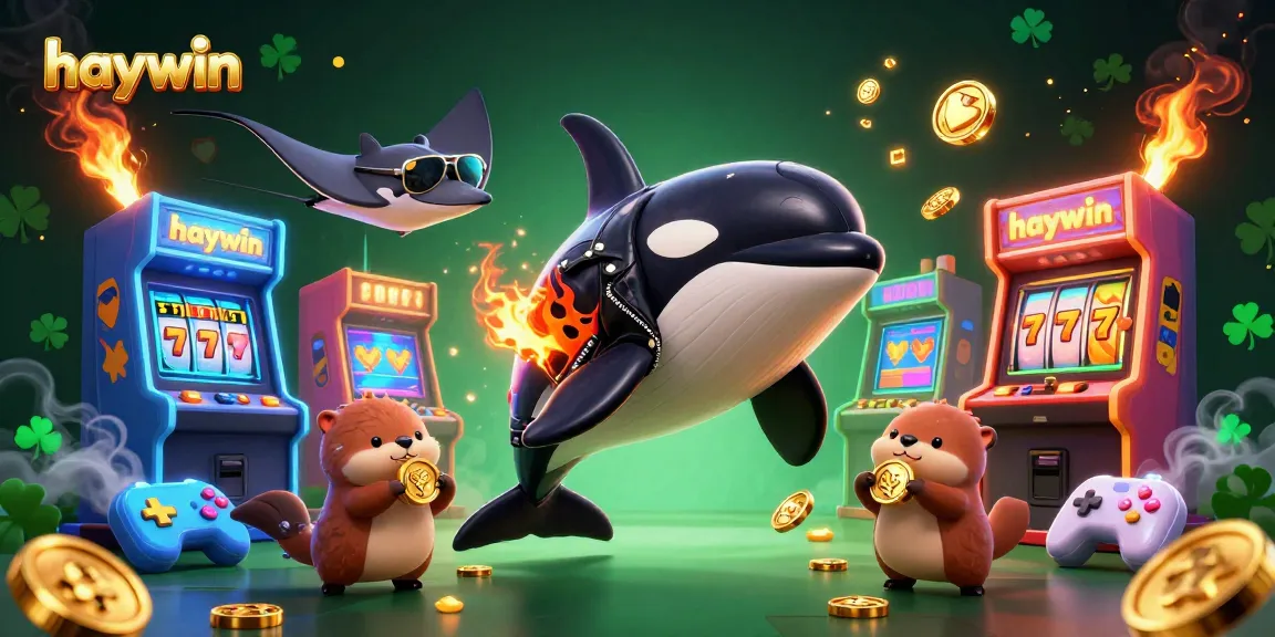 Join the fun at Haywin with an exciting scene featuring an orca whale and friends amidst vibrant casino elements.