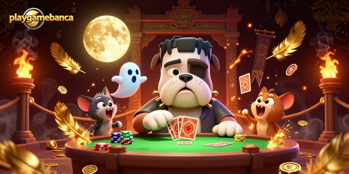 playgamebanca features a Frankenstein bulldog dealer amidst ghostly chips and kitten howling moon.