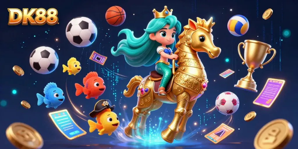 Experience the excitement of DK88 as a cartoon mermaid princess with a seahorse and sports elements engage dynamically in a vibrant casino scene.