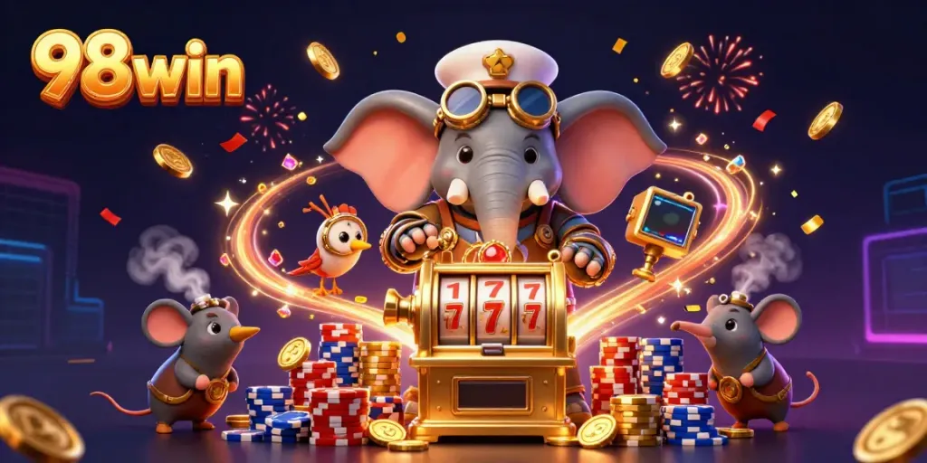 Experience the vibrant world of 98 win with a steampunk elephant winning slots, showcasing casino excitement.