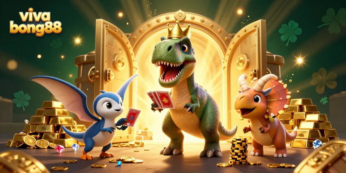 Engage with exciting gaming moments at viva bong88 while T-Rex plays cards and baby triceratops stacks chips.