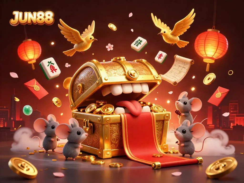 Experience the excitement of JUN88 with a vibrant 3D illustration showcasing a golden treasure chest, lucky charms, and festive decorations.