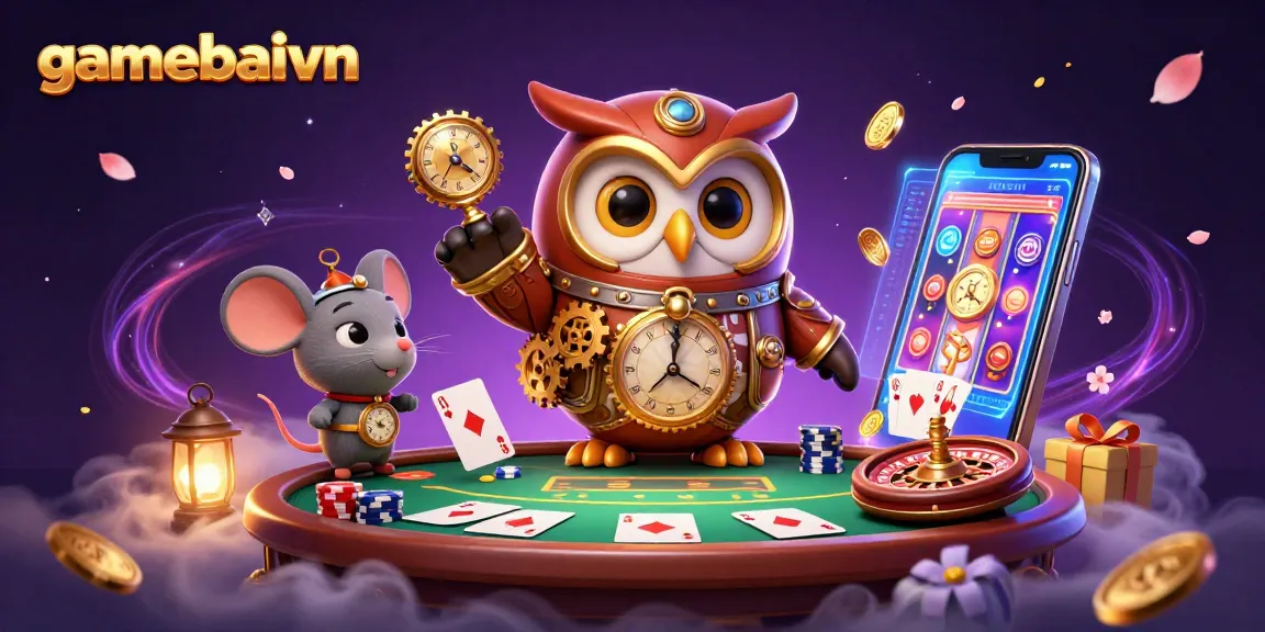 Engage with gamebaivn's thrilling poker scene, featuring a time-traveling owl and exciting casino elements.
