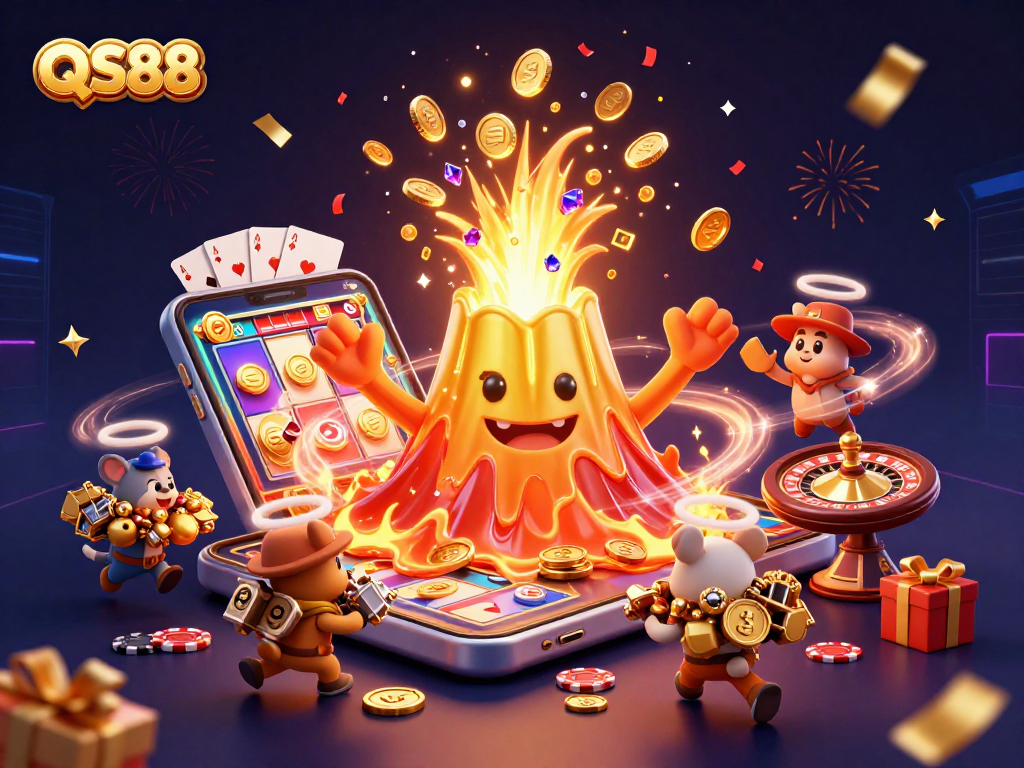 Experience the vibrant world of QS88 with a triumphant golden volcano erupting coins amidst a thrilling casino scene.