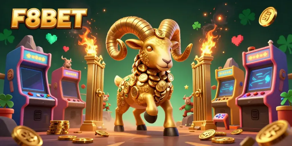Experience the excitement of F8BET as a golden ram charges through a vibrant digital landscape of casino games.