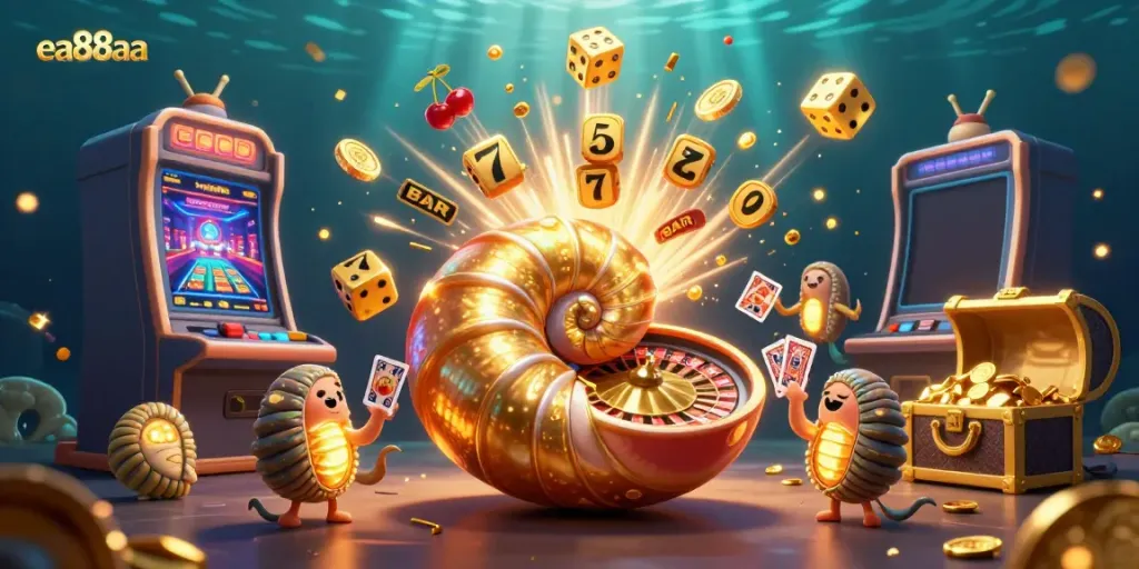 Experience the excitement of ea88aa with a vibrant 3D casino scene showcasing a giant nautilus and jackpot.
