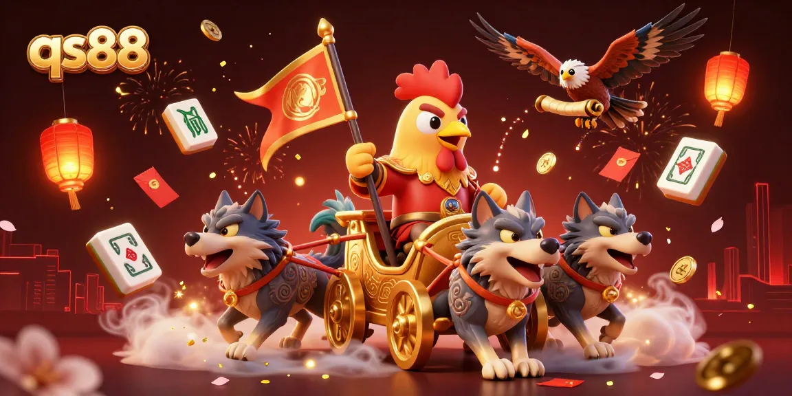 qs88 casino illustration featuring a rooster warlord and mahjong tiles flying around.