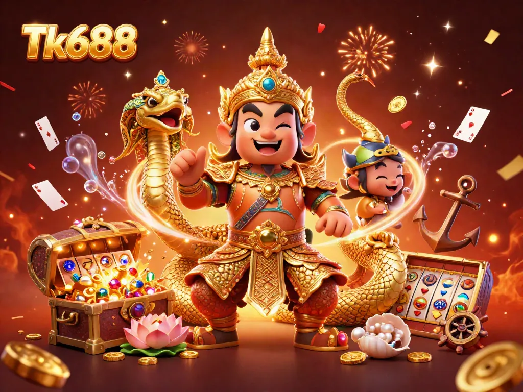 Experience vibrant winnings at Tk688 with dynamic illustrations of casino elements and engaging characters.