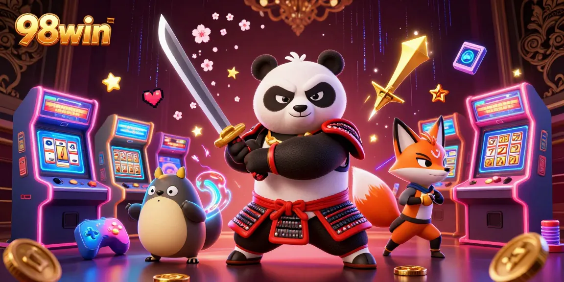 Experience thrilling 98win gameplay with samurai panda and ninja fox in a dynamic casino scene.