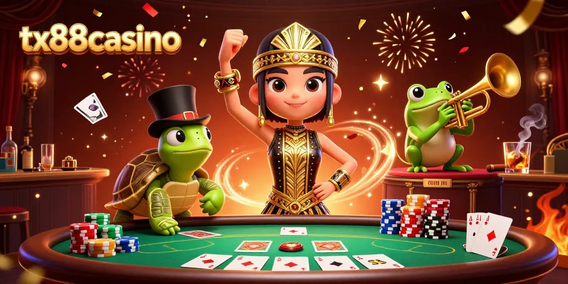 Engage in TX88Casino's thrilling poker action with vibrant characters and striking casino elements.