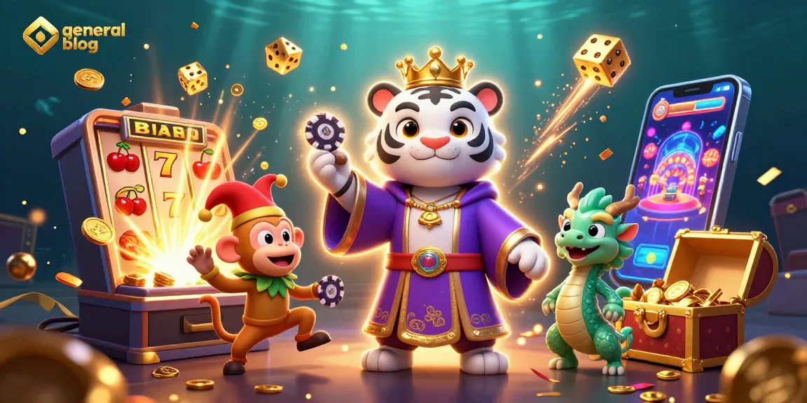 Engage with the vibrant general blog scene featuring a playful tiger, monkey, and celebrating casino elements.