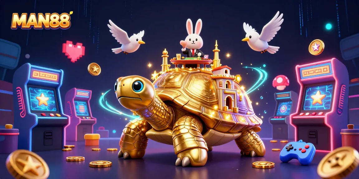 Engage with MAN88's thrilling casino experience featuring a golden tortoise and rabbit dealer amidst vibrant game elements.