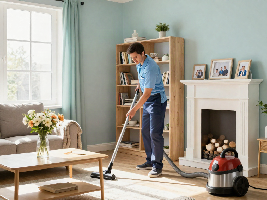 Professional cleaner in a cozy living room organizing space, showcasing slot 10k cleaning services.