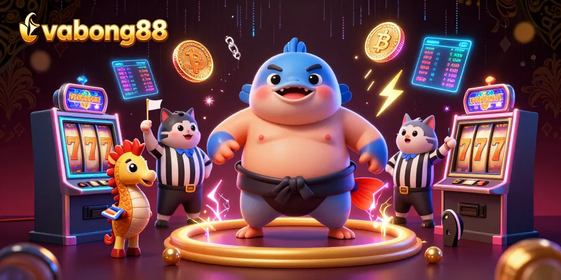 vaobong88 showcases exhilarating underwater casino excitement featuring a fugu in a sumo belt and vibrant slot machines