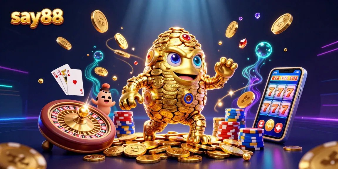 Experience thrilling gameplay at say88 with a golden golem, slot machines, and dynamic casino elements.