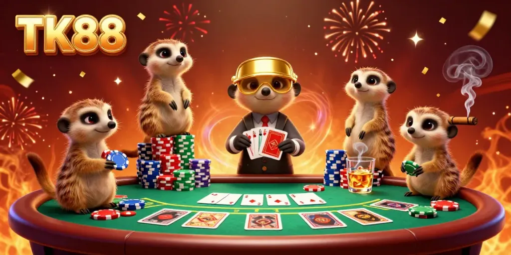 Engage in thrilling gameplay at TK88 with lively meerkats running a vibrant casino.