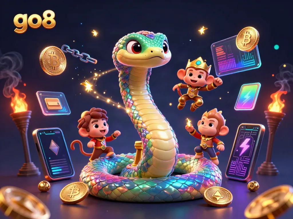 Experience go8's vibrant gaming scene with a rainbow serpent, monkey king, and crypto elements.